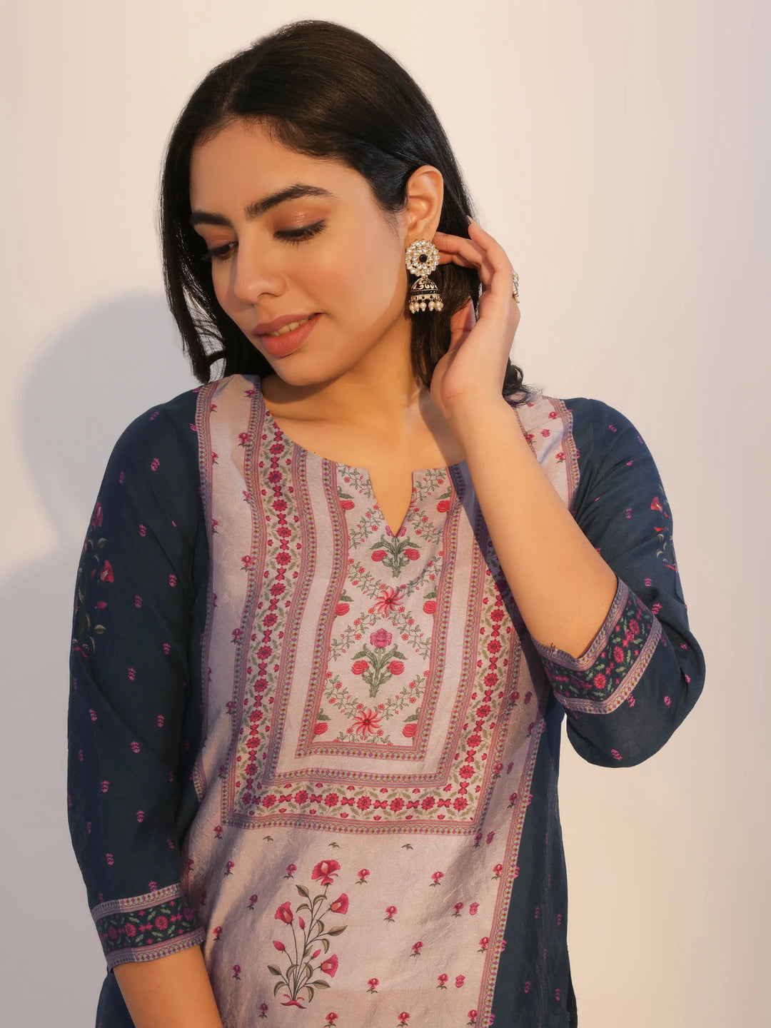  Blue Printed Silk Blend Straight Suit With Dupatta 