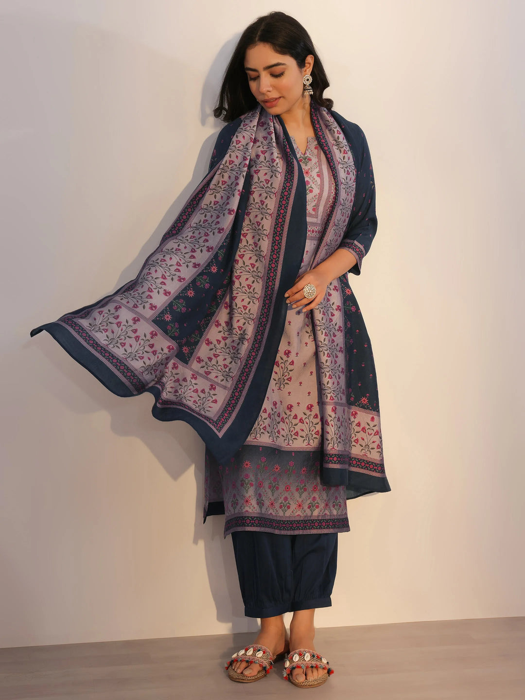  Blue Printed Silk Blend Straight Suit With Dupatta 
