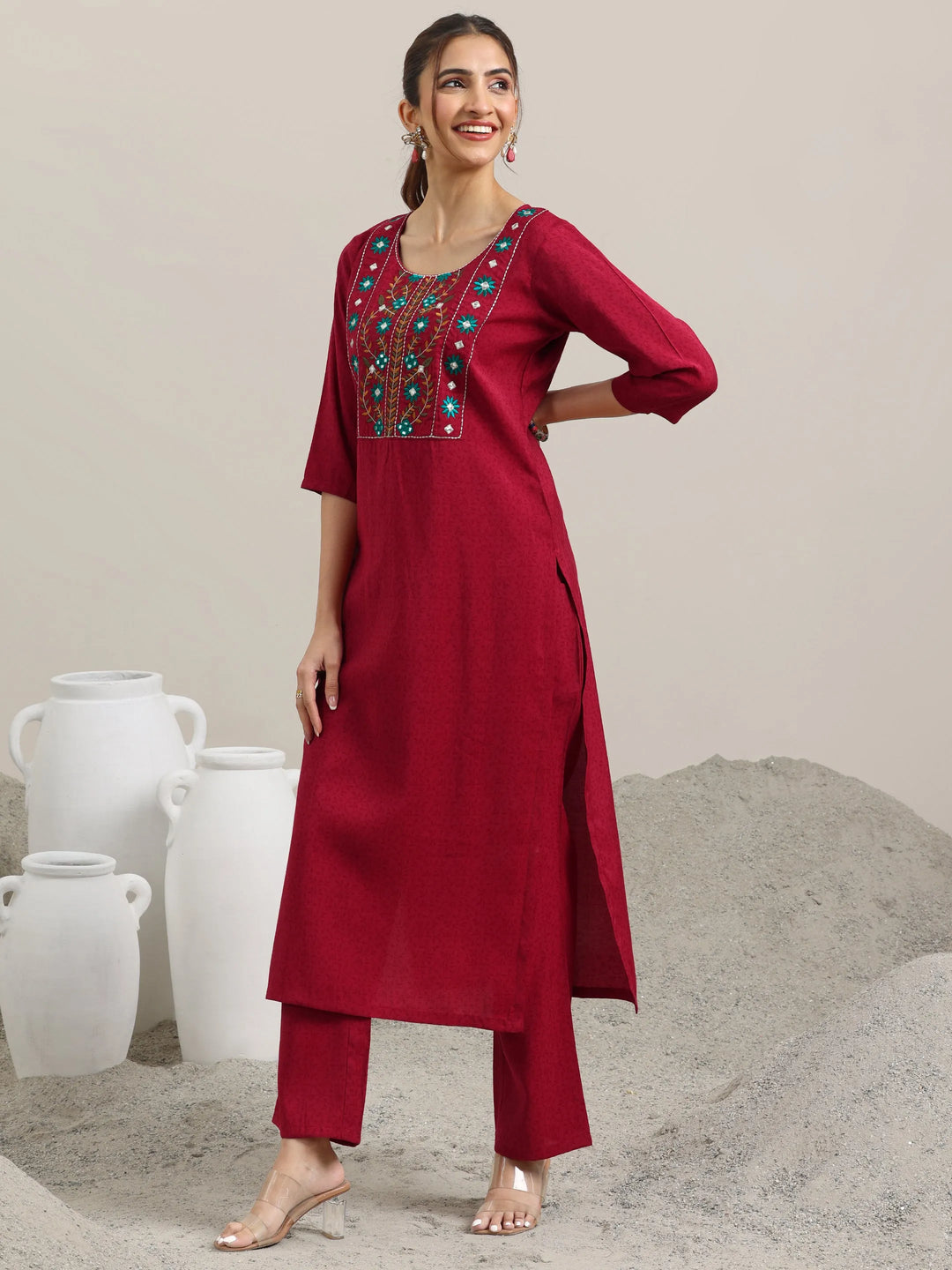  Red Yoke Design Silk Blend Straight Suit With Dupatta 