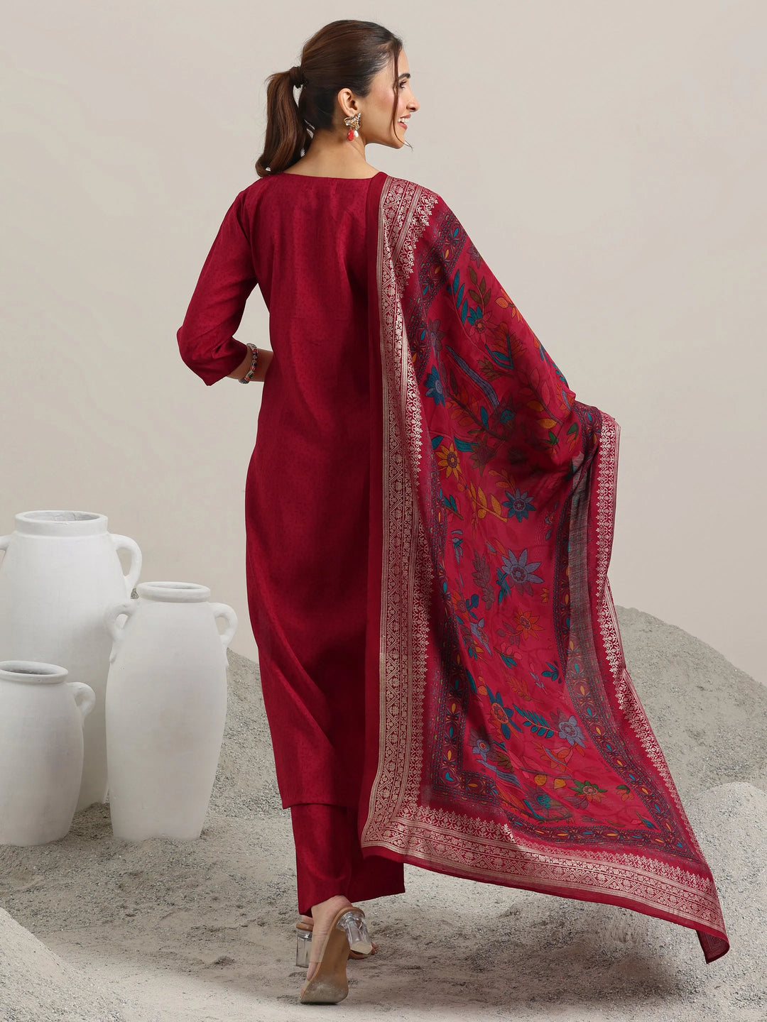  Red Yoke Design Silk Blend Straight Suit With Dupatta 