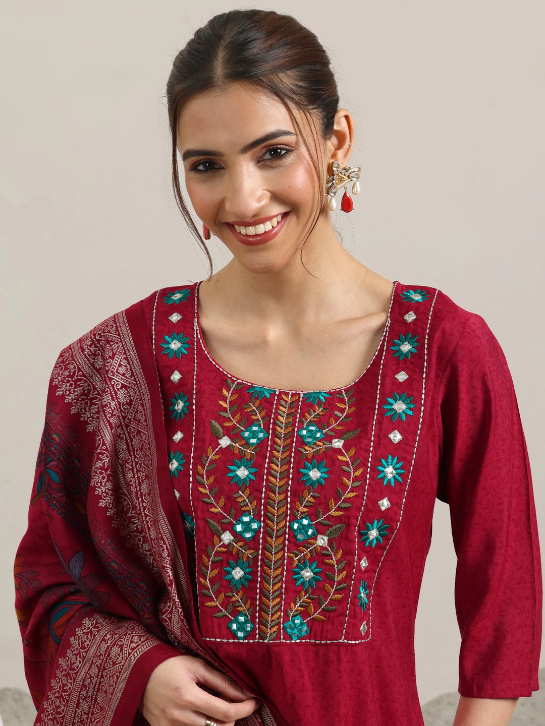  Red Yoke Design Silk Blend Straight Suit With Dupatta 