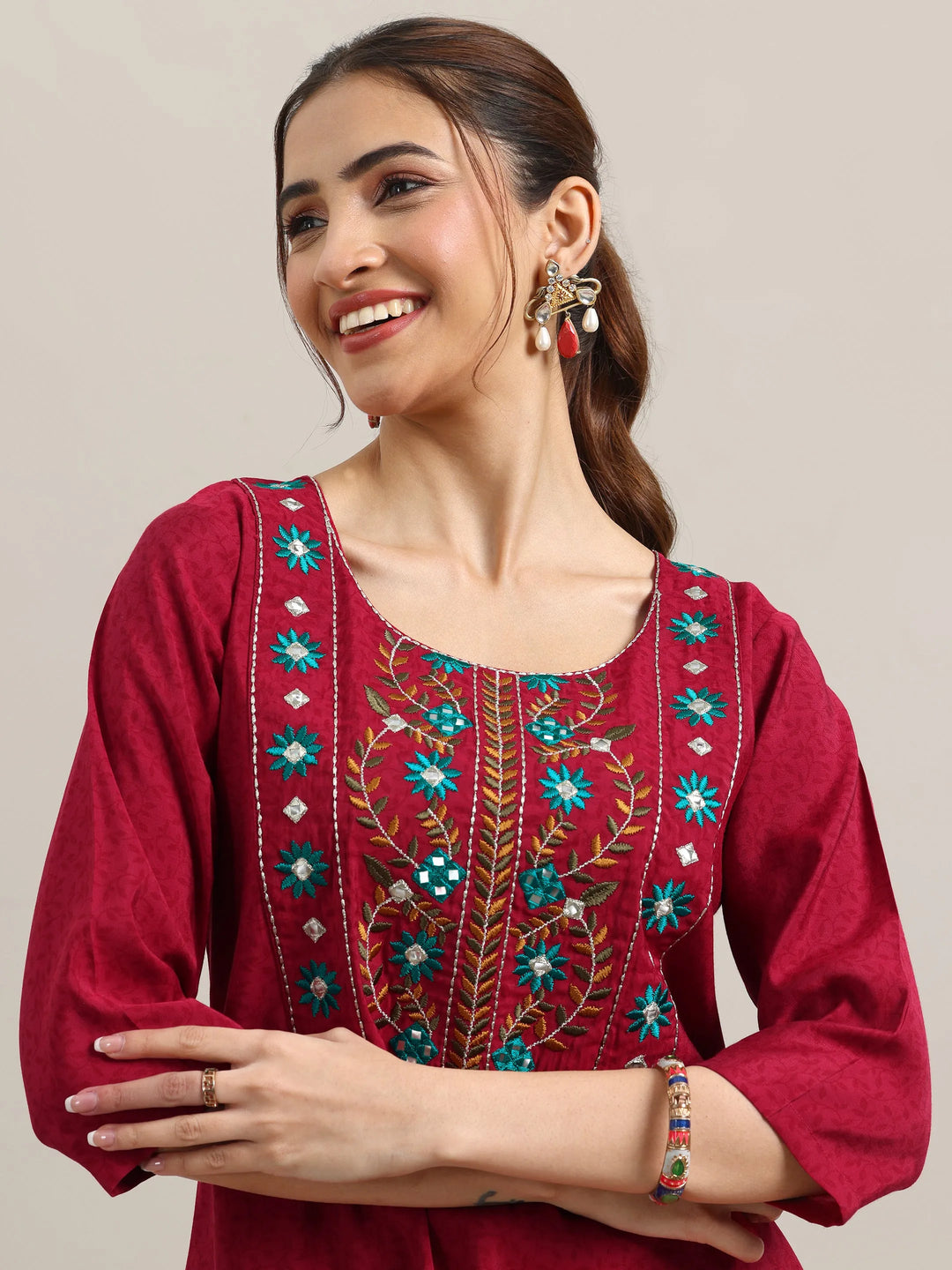  Red Yoke Design Silk Blend Straight Suit With Dupatta 