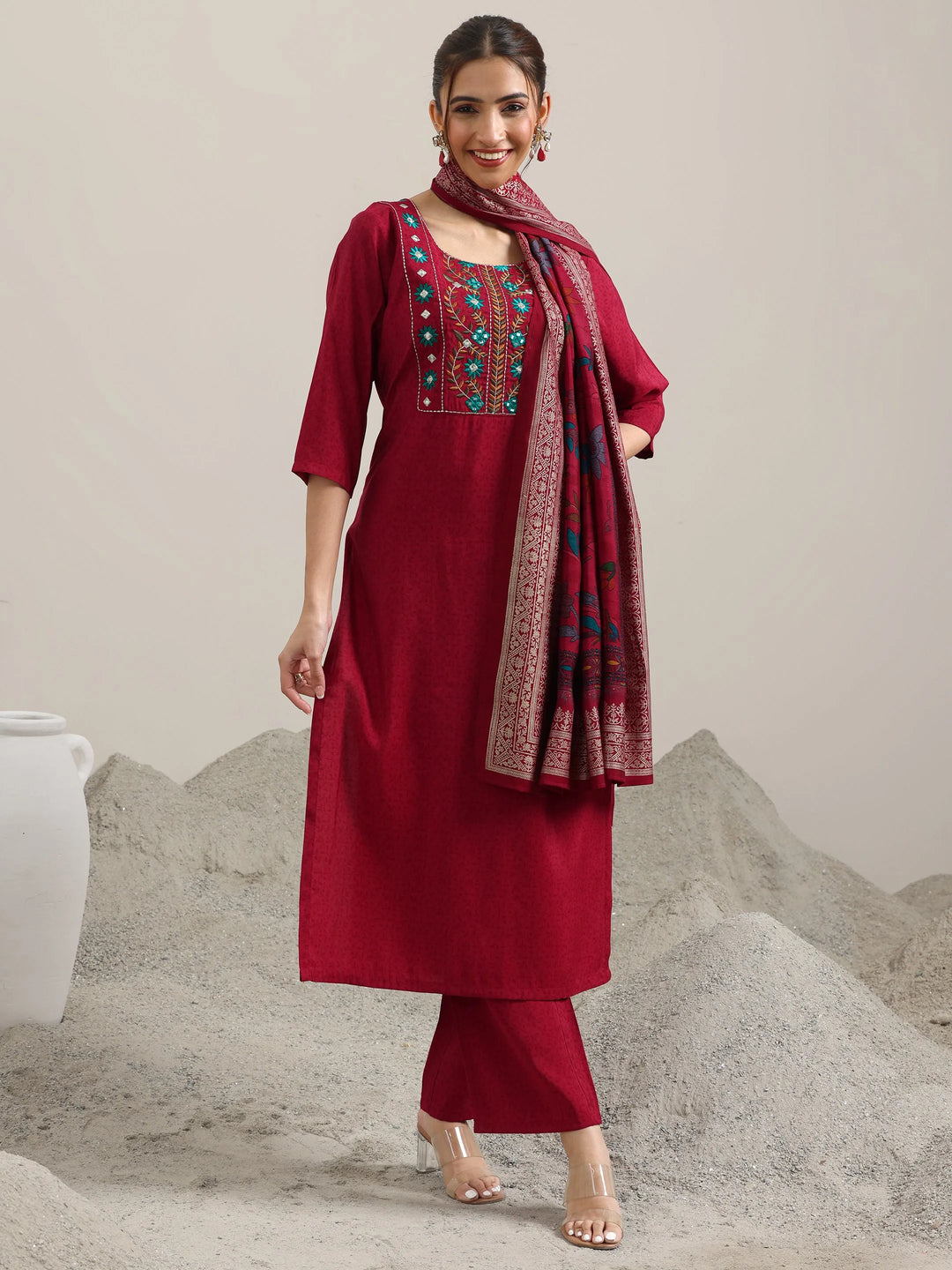  Red Yoke Design Silk Blend Straight Suit With Dupatta 
