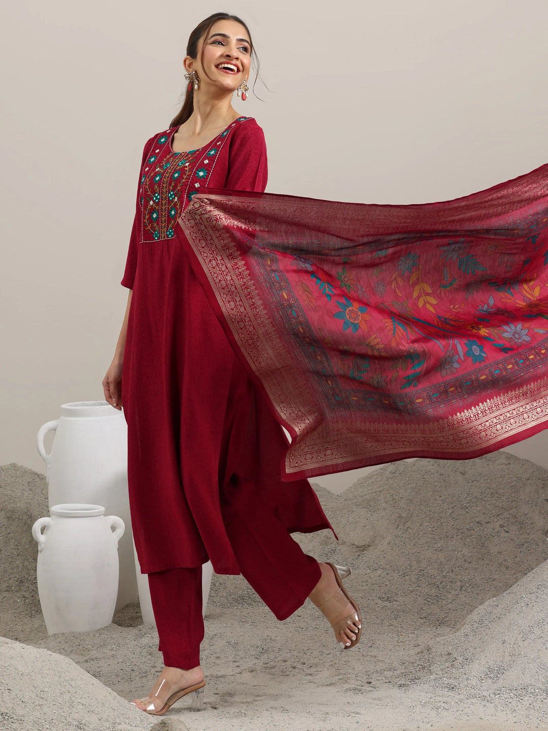  Red Yoke Design Silk Blend Straight Suit With Dupatta 