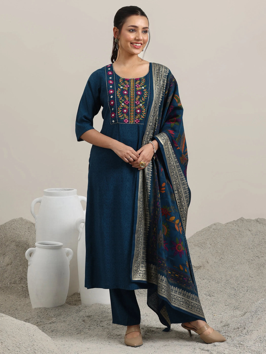  Blue Yoke Design Silk Blend Straight Suit With Dupatta 