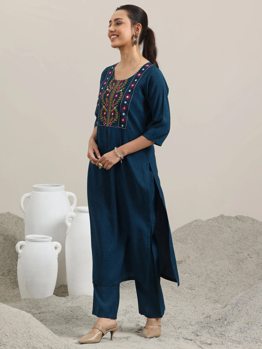  Blue Yoke Design Silk Blend Straight Suit With Dupatta 