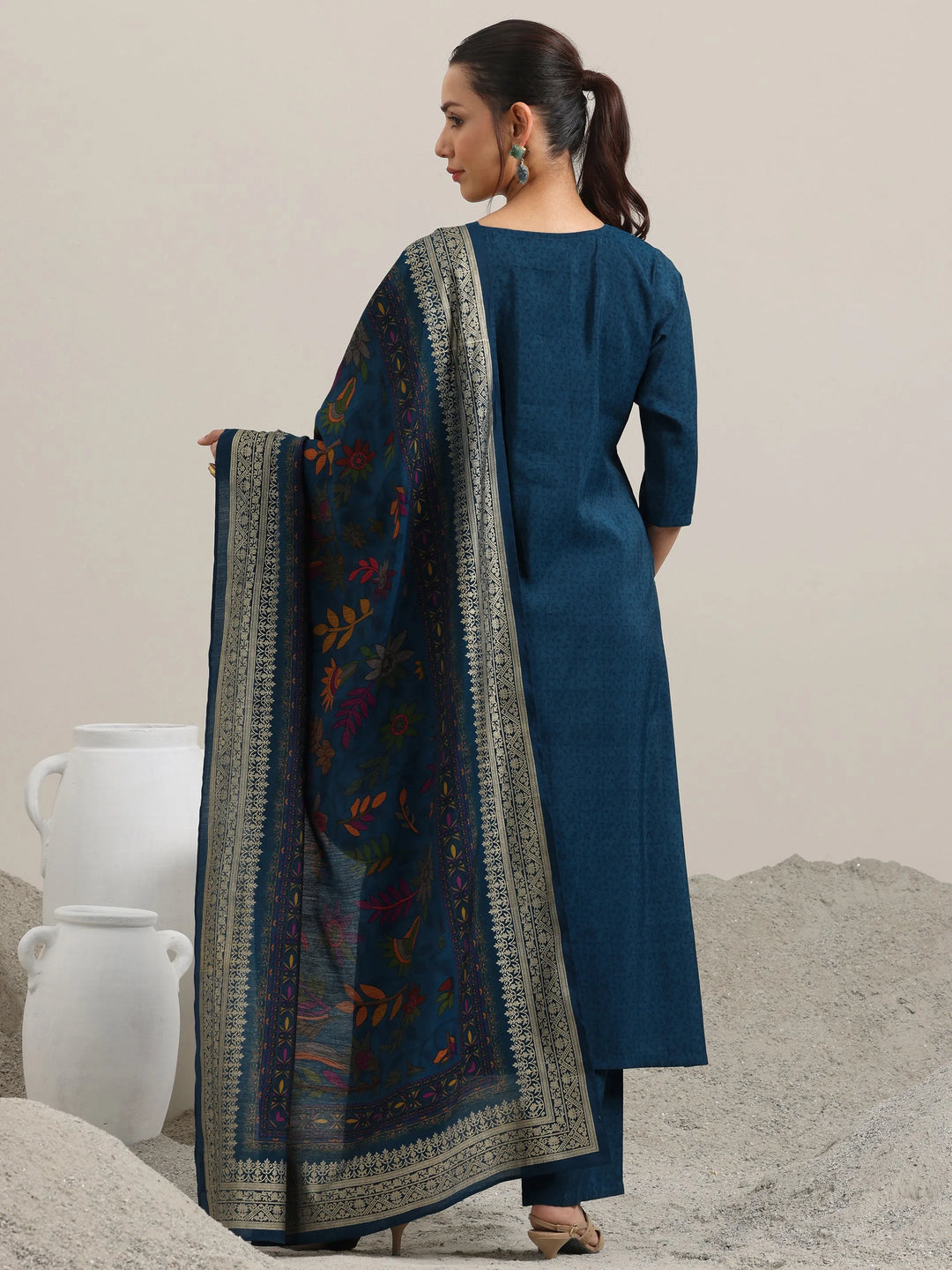  Blue Yoke Design Silk Blend Straight Suit With Dupatta 