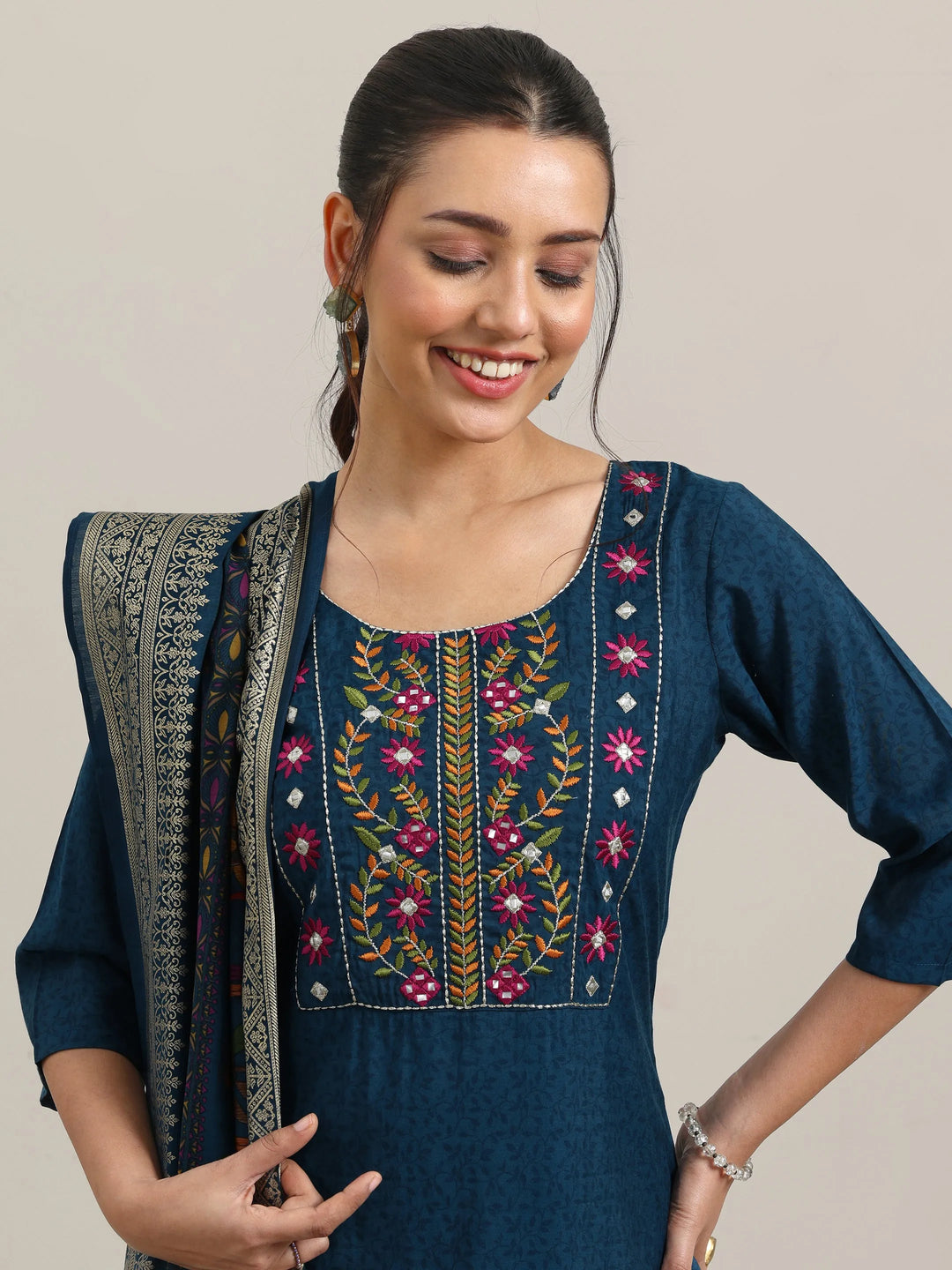  Blue Yoke Design Silk Blend Straight Suit With Dupatta 