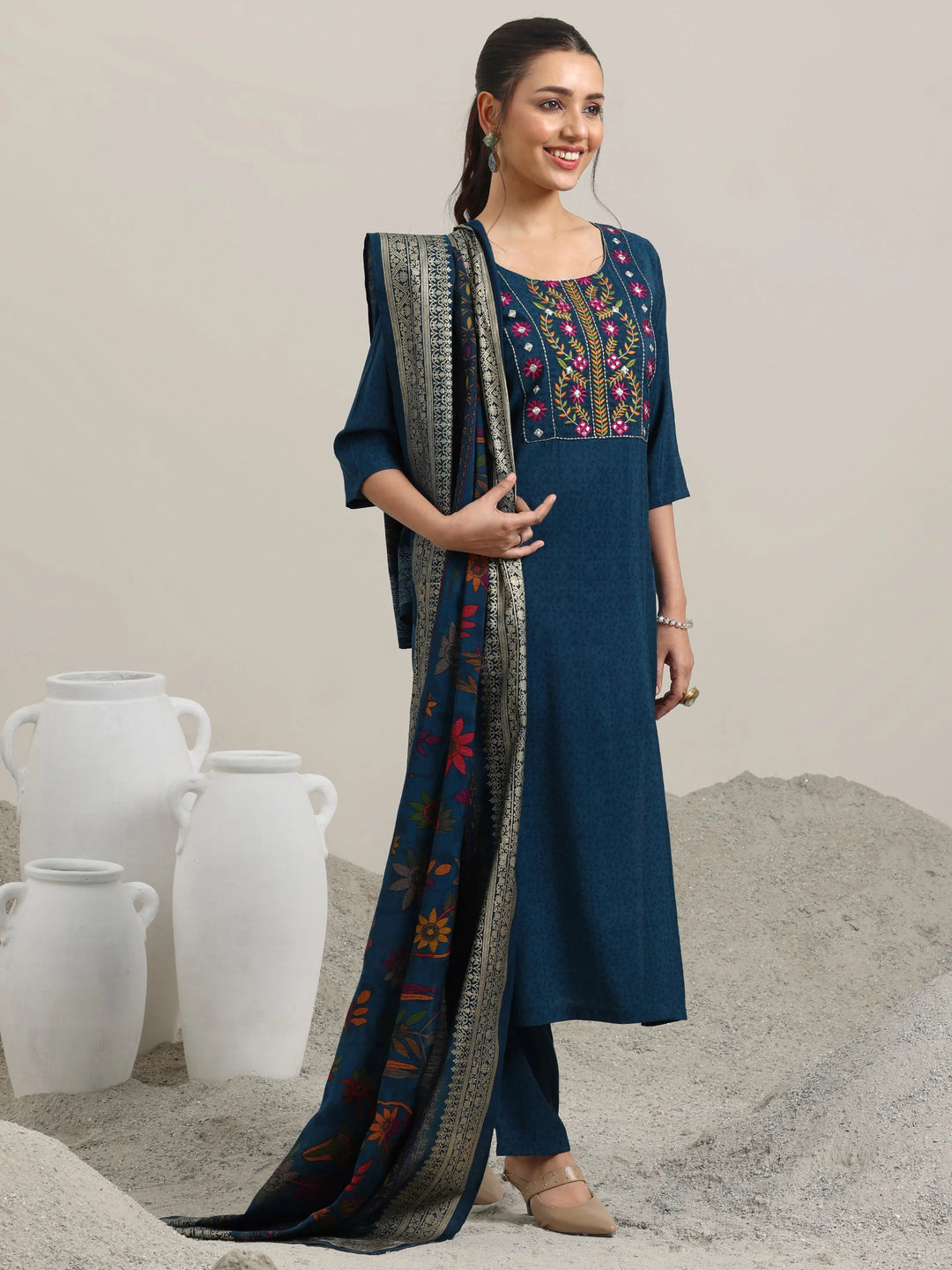  Blue Yoke Design Silk Blend Straight Suit With Dupatta 