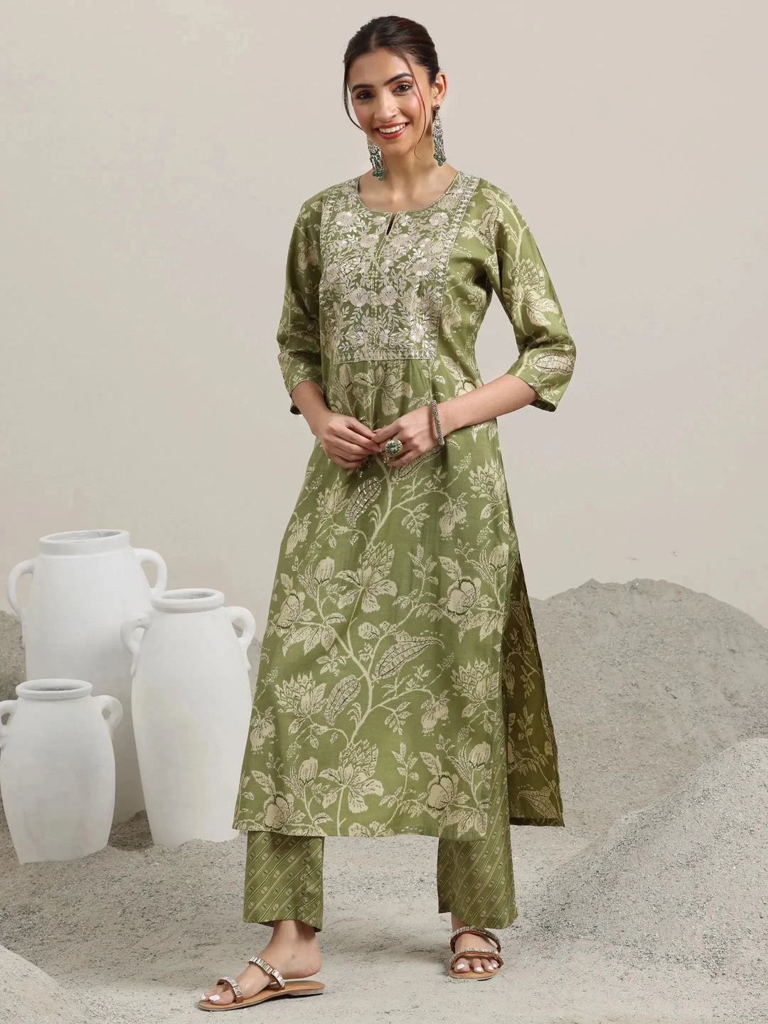  Green Printed Silk Blend Straight Suit With Dupatta 