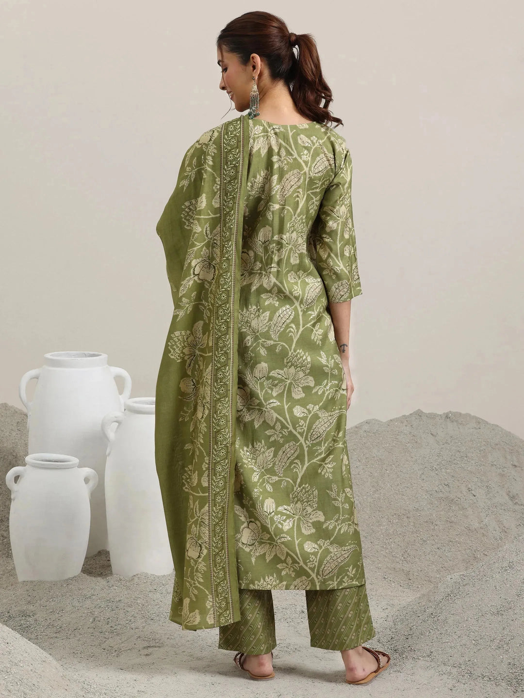  Green Printed Silk Blend Straight Suit With Dupatta 