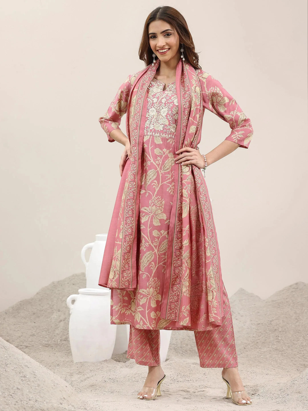  Pink Printed Silk Blend Straight Suit With Dupatta 