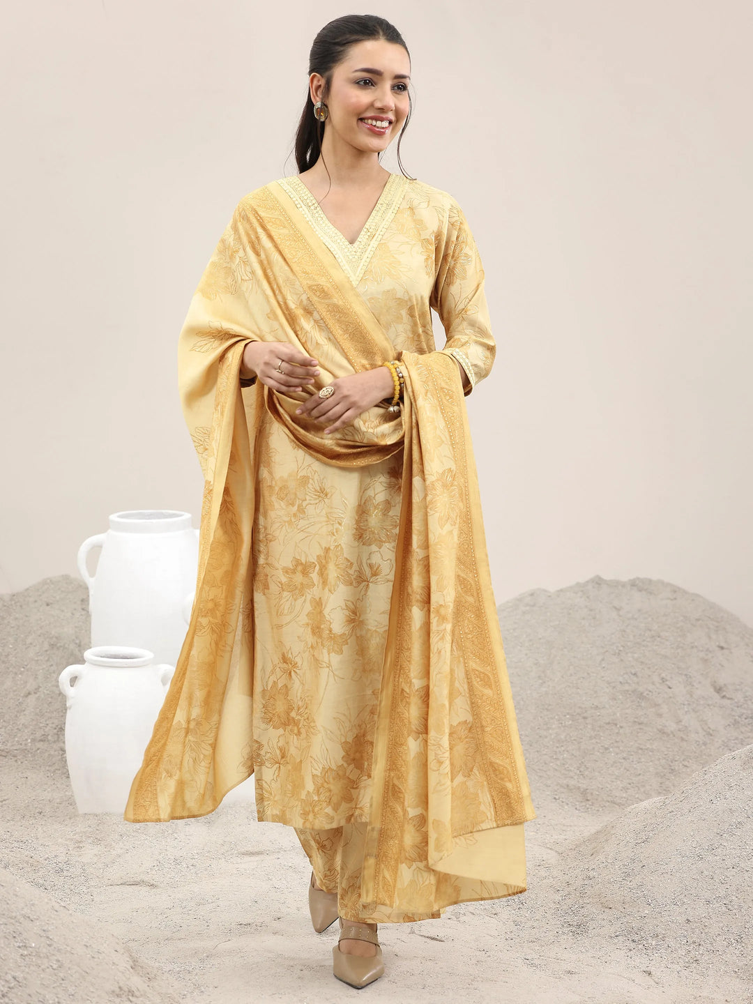  Mustard Printed Silk Blend Straight Suit With Dupatta 