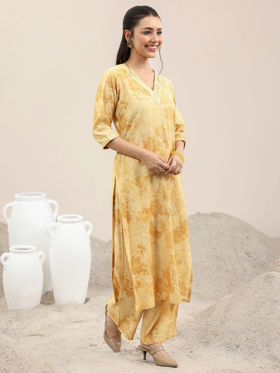 Mustard Printed Silk Blend Straight Suit With Dupatta 