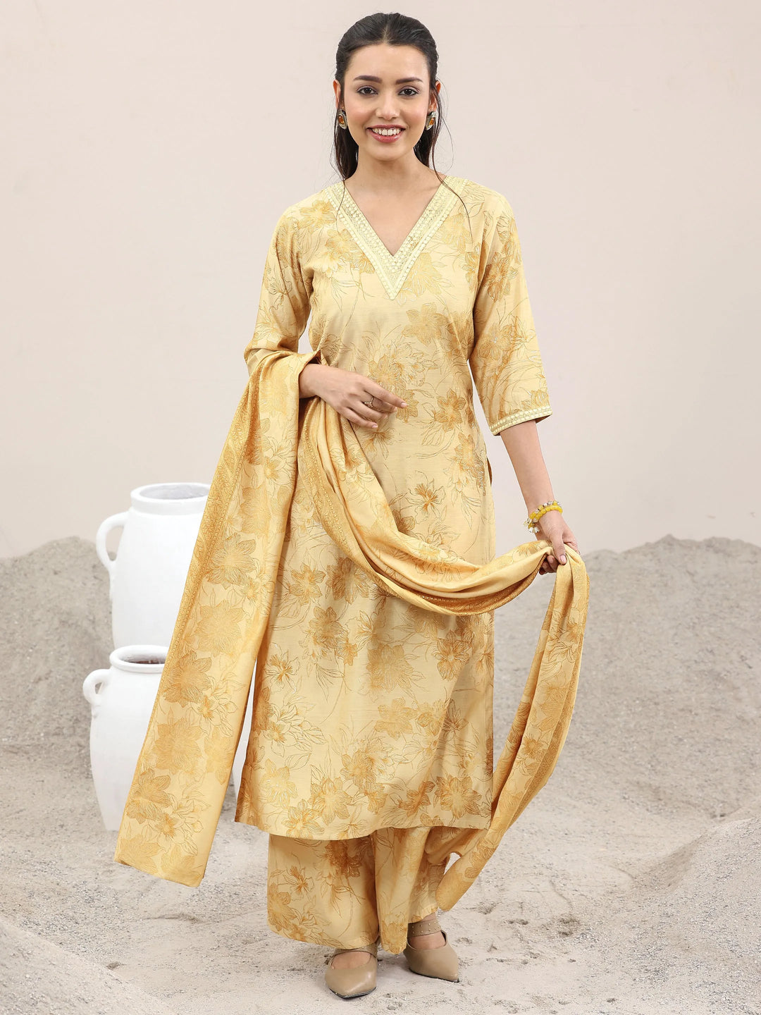  Mustard Printed Silk Blend Straight Suit With Dupatta 