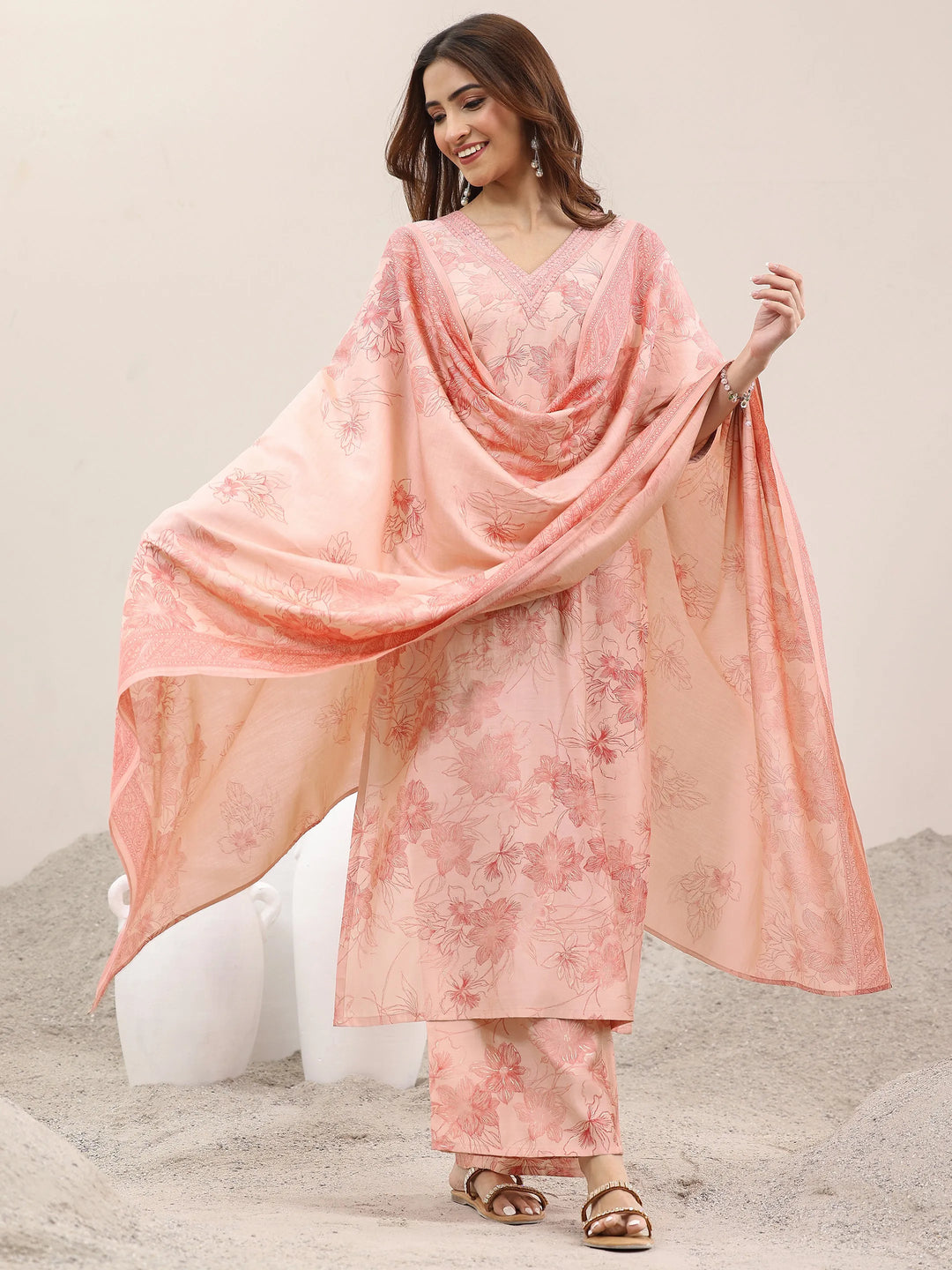  Peach Printed Silk Blend Straight Suit With Dupatta 