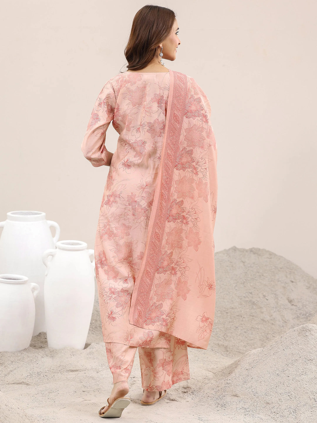  Peach Printed Silk Blend Straight Suit With Dupatta 