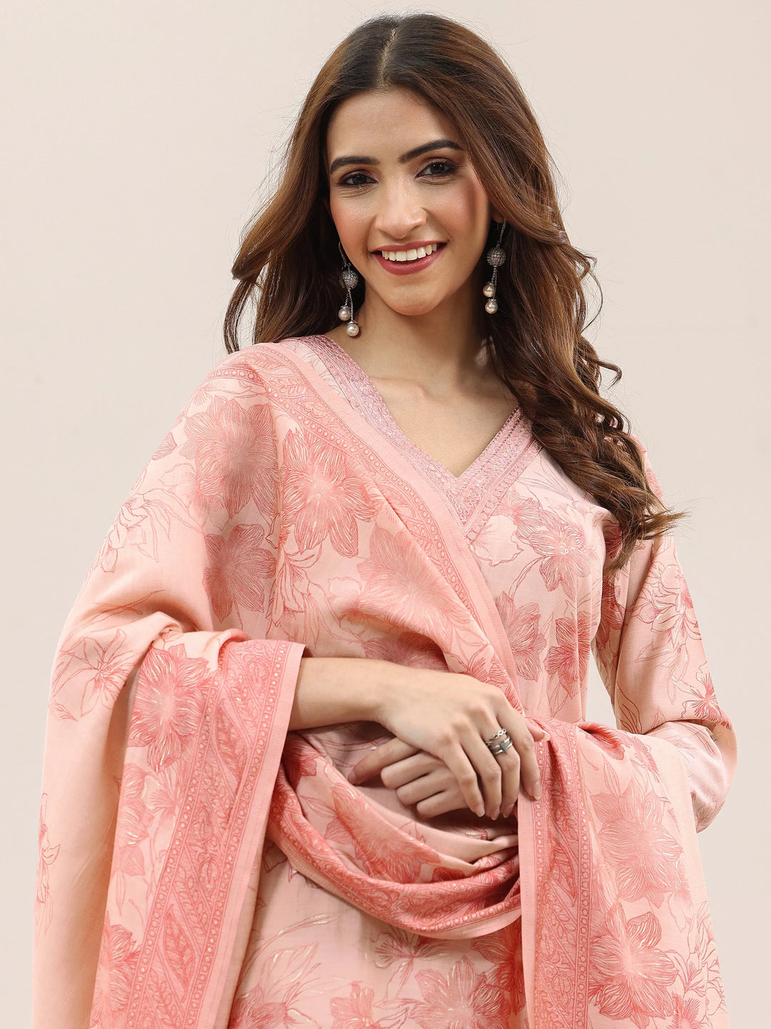  Peach Printed Silk Blend Straight Suit With Dupatta 