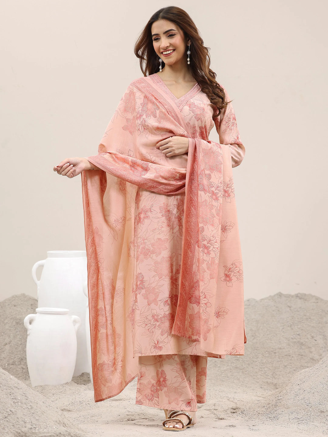  Peach Printed Silk Blend Straight Suit With Dupatta 