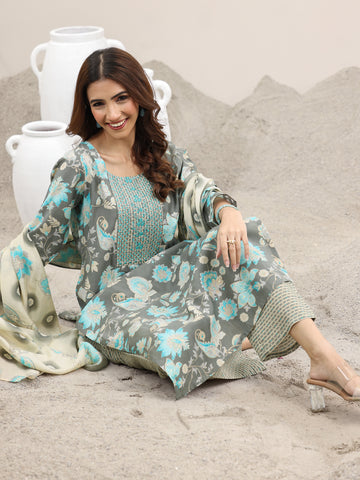 Grey Printed Silk Blend Straight Suit With Dupatta