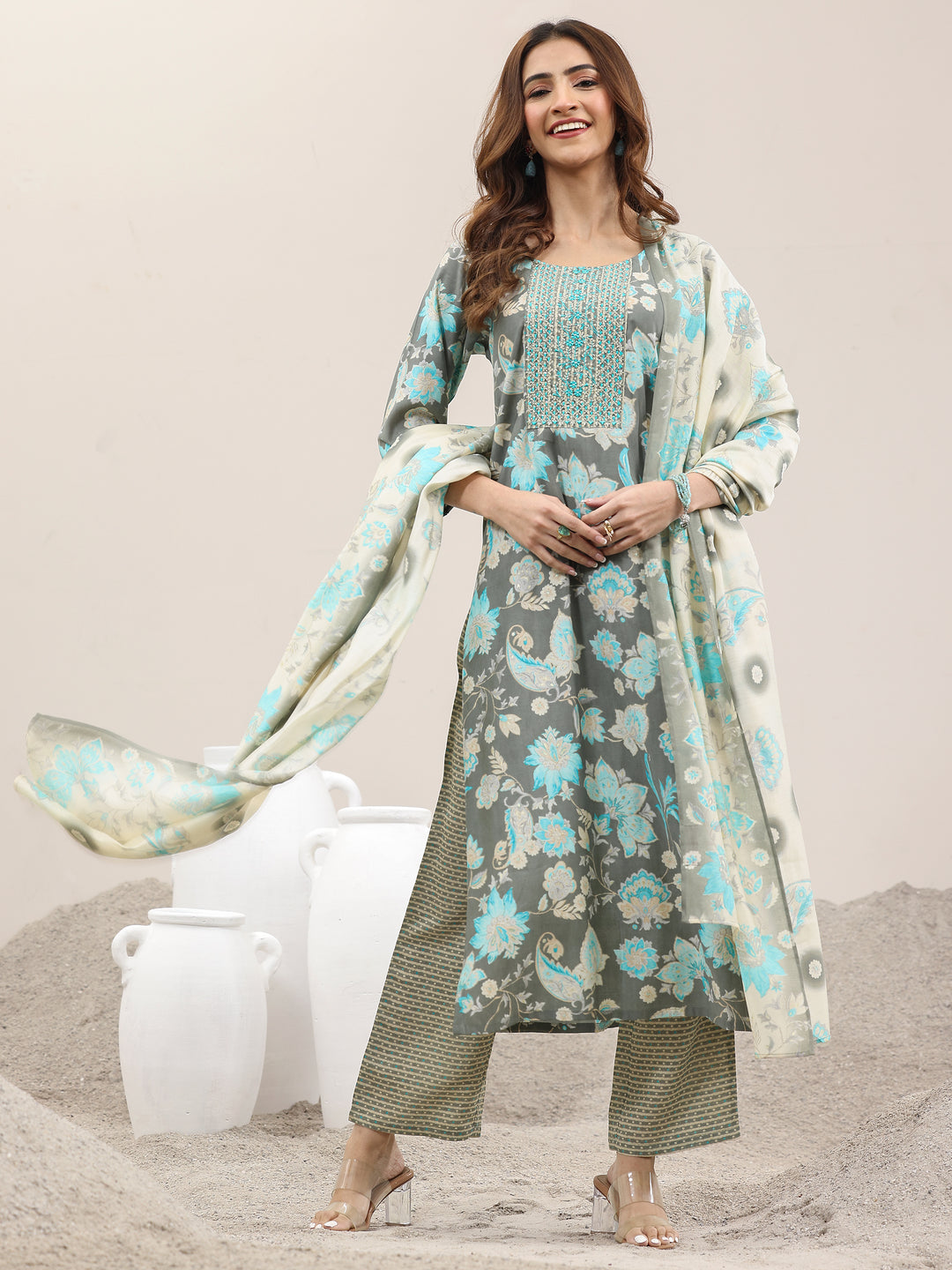  Grey Printed Silk Blend Straight Suit With Dupatta 