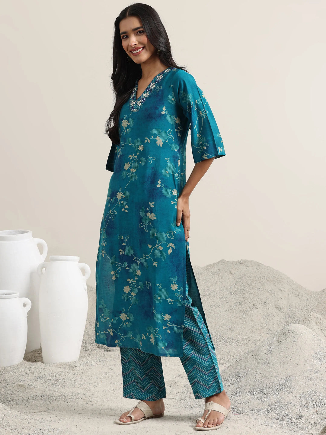  Blue Printed Silk Blend Straight Suit With Dupatta 