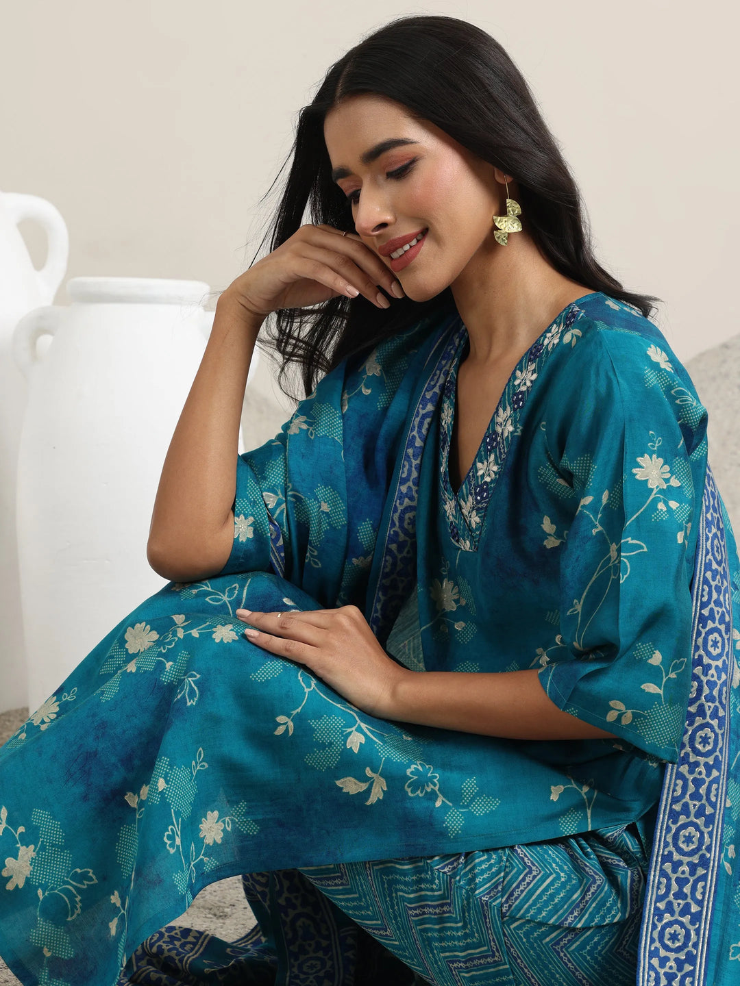  Blue Printed Silk Blend Straight Suit With Dupatta 