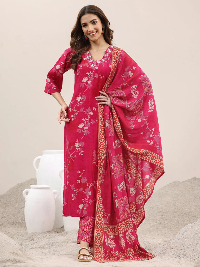 Libas Red Printed Silk Blend Straight Suit With Dupatta