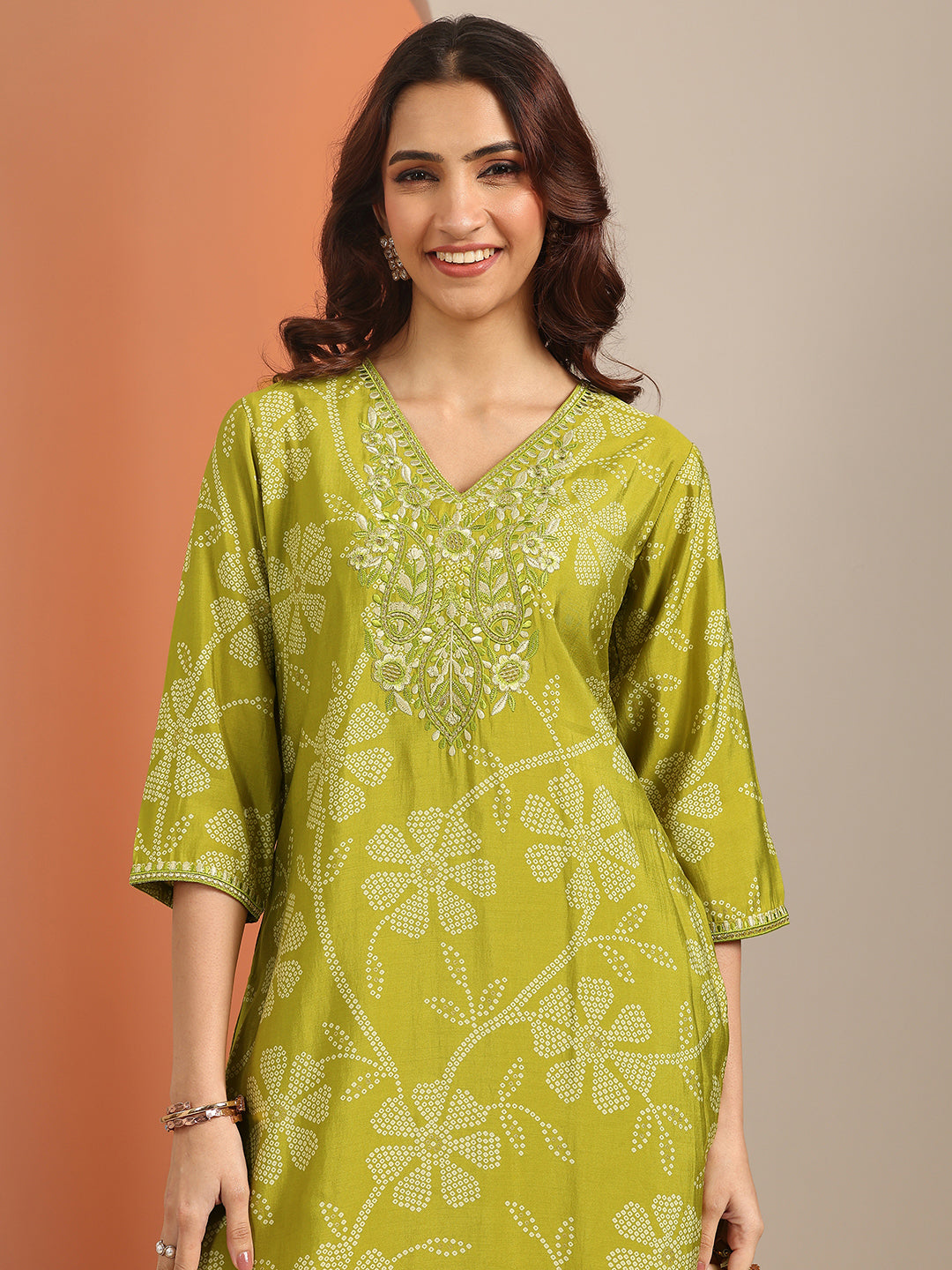  Libas Green Printed Silk Blend Straight Suit With Dupatta 