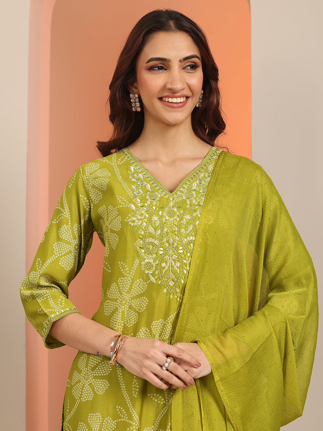  Libas Green Printed Silk Blend Straight Suit With Dupatta 