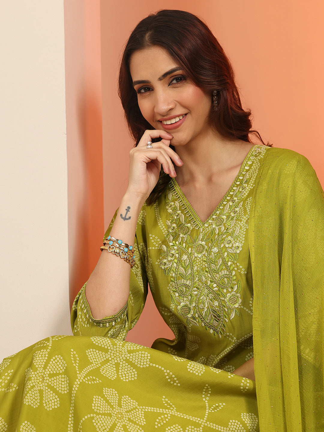 Libas Green Printed Silk Blend Straight Suit With Dupatta