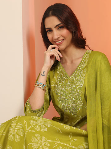 Libas Green Printed Silk Blend Straight Suit With Dupatta