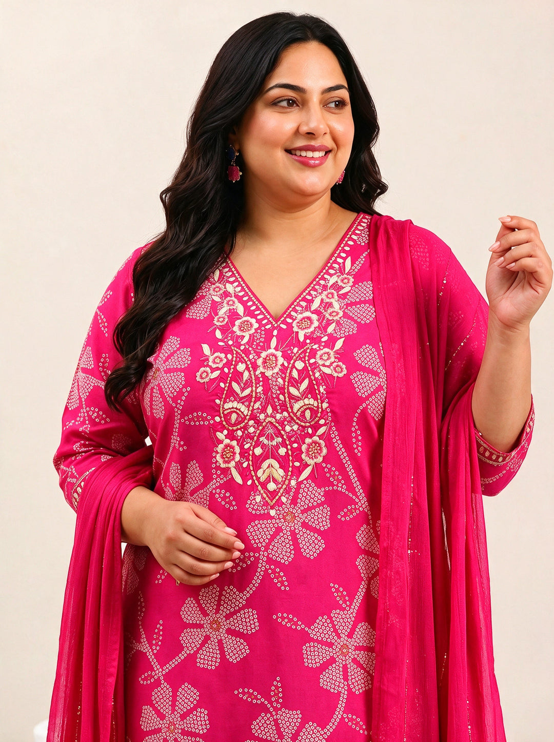  Plus Size Pink Floral Bandhani Printed Silk Blend Straight Suit Set 