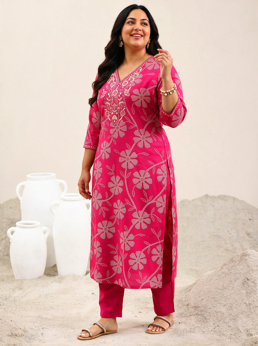  Plus Size Pink Floral Bandhani Printed Silk Blend Straight Suit Set 