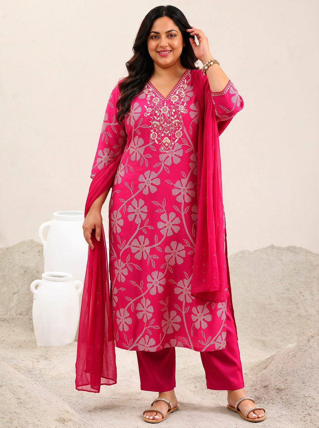  Plus Size Pink Floral Bandhani Printed Silk Blend Straight Suit Set 