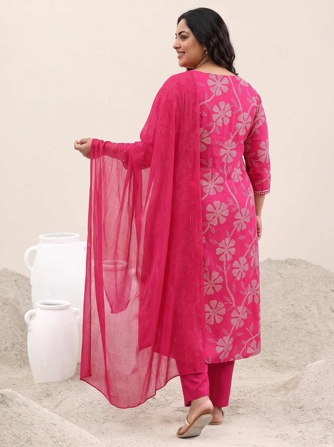 Plus Size Pink Floral Bandhani Printed Silk Blend Straight Suit Set 