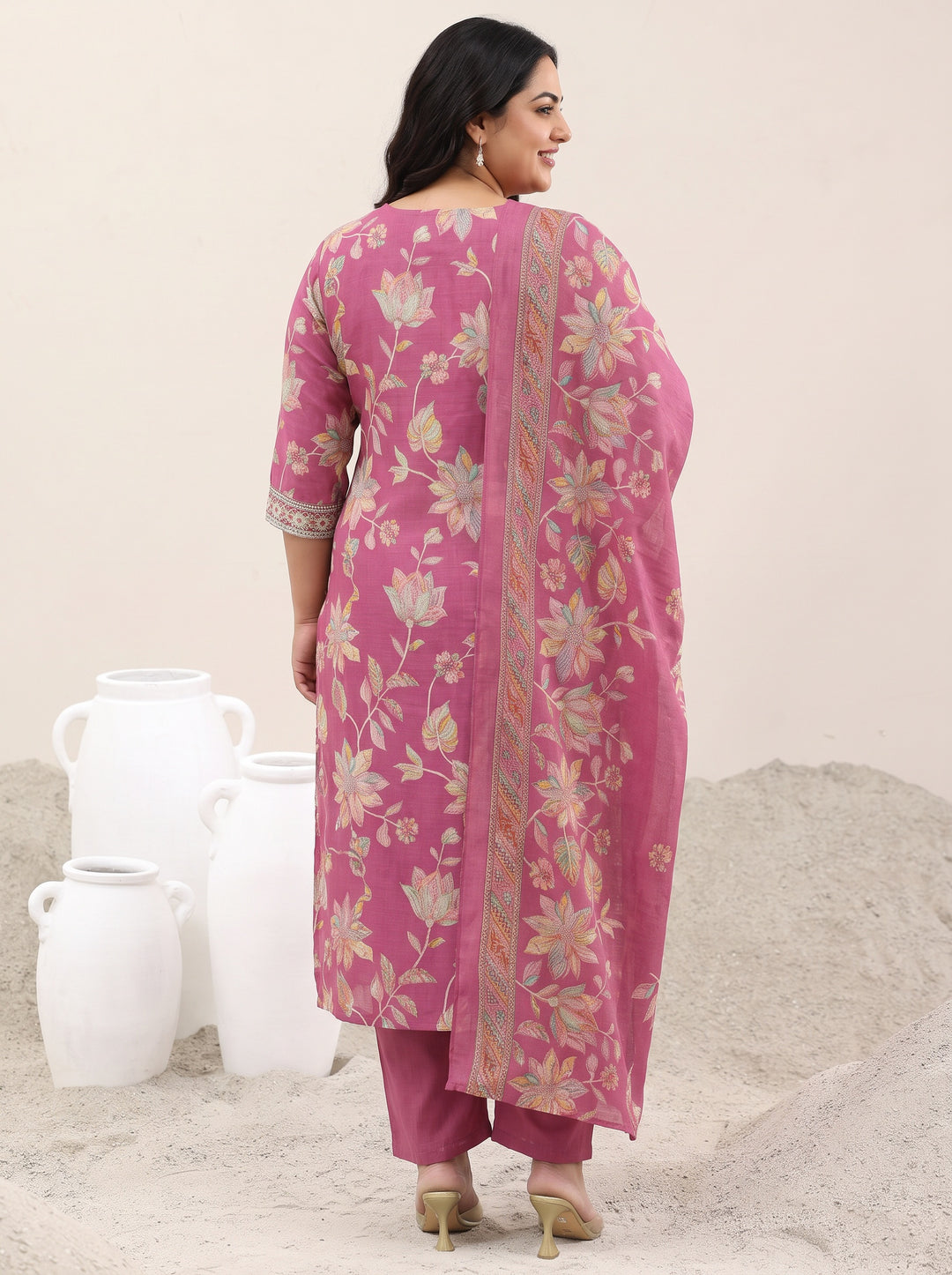  Plus Size Pink Floral Printed Silk Blend Straight Suit Set 
