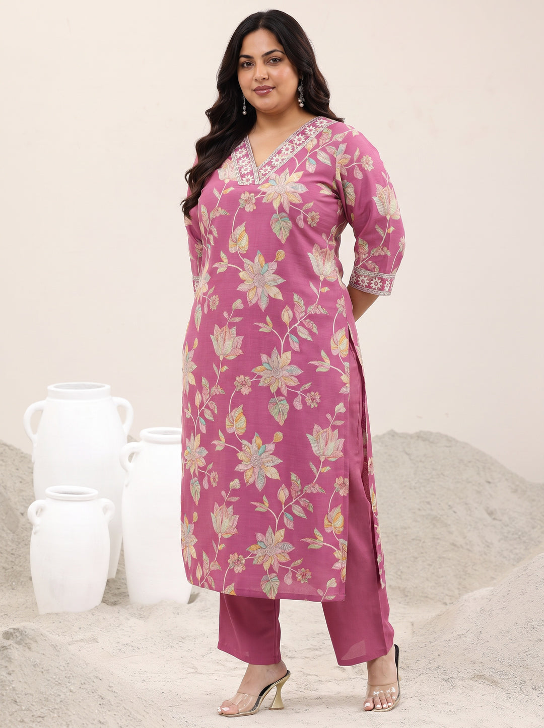  Plus Size Pink Floral Printed Silk Blend Straight Suit Set 