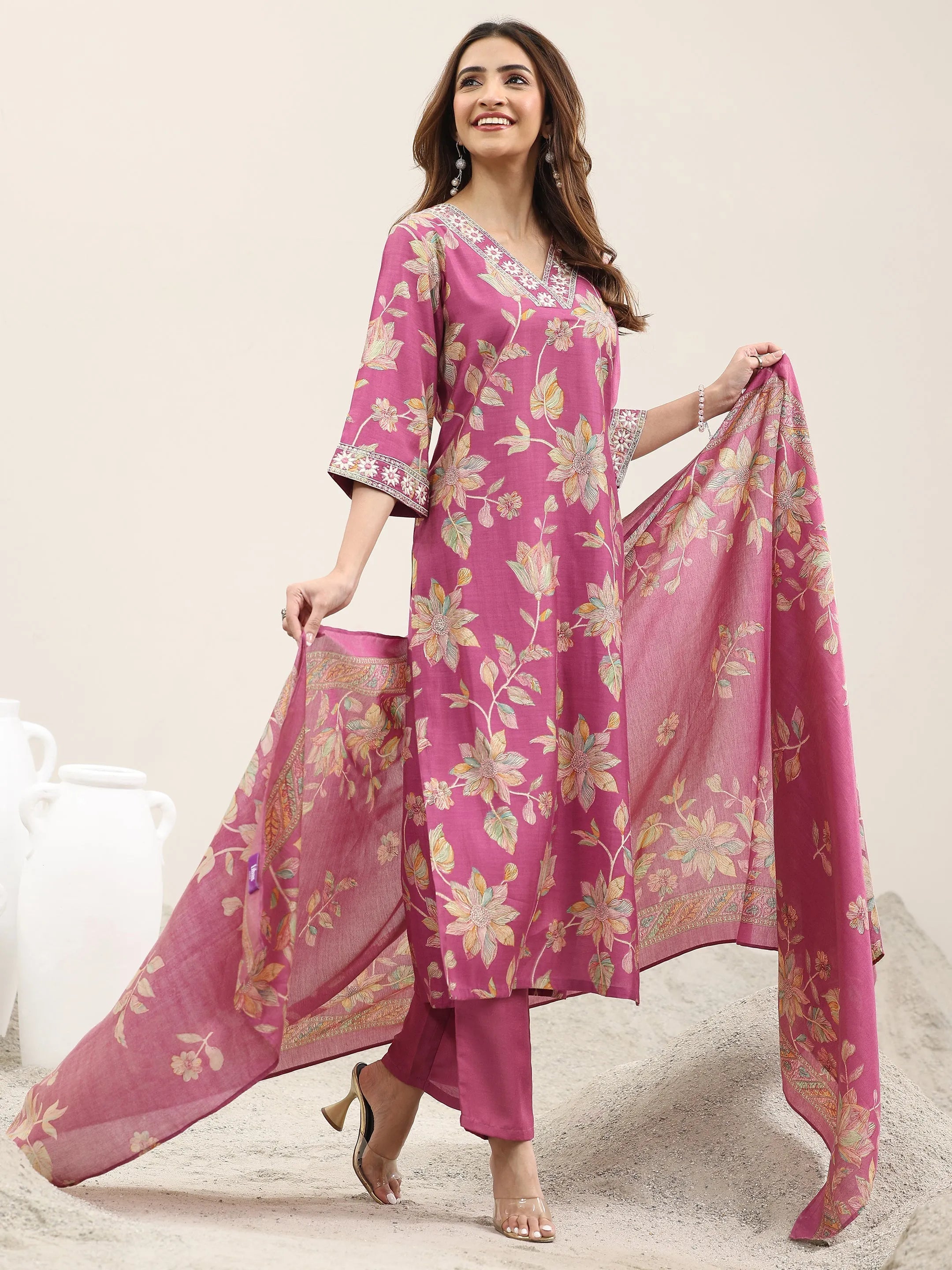 Pink Printed Silk Blend Straight Suit With Dupatta-image-9