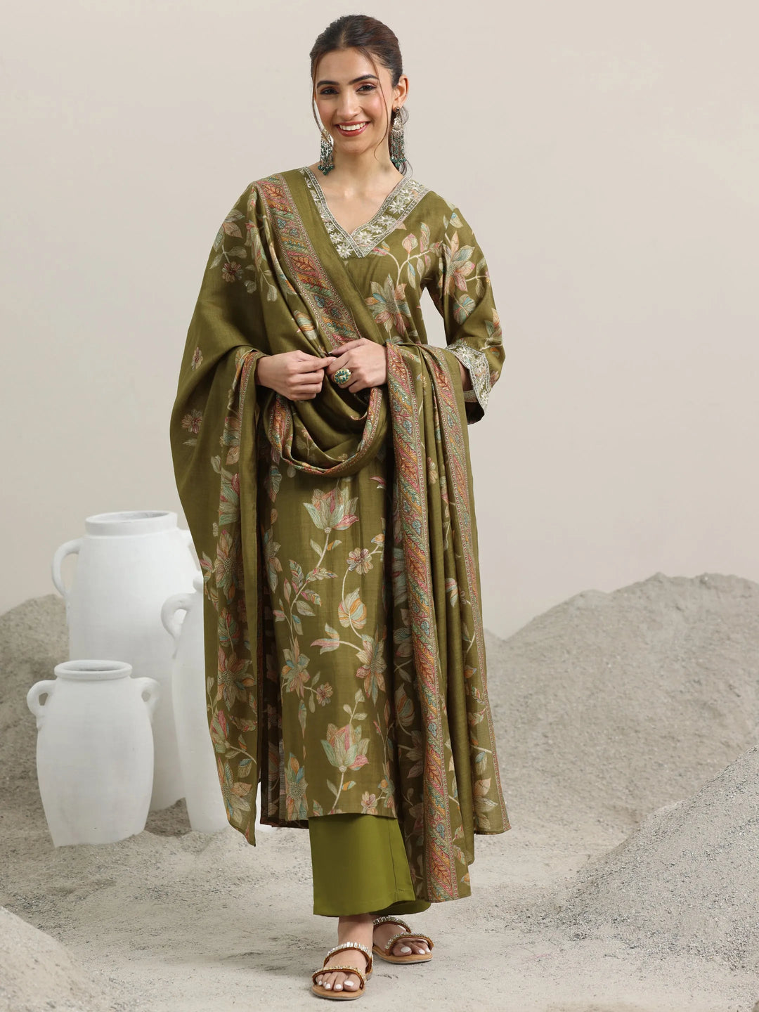  Olive Printed Silk Blend Straight Suit With Dupatta 