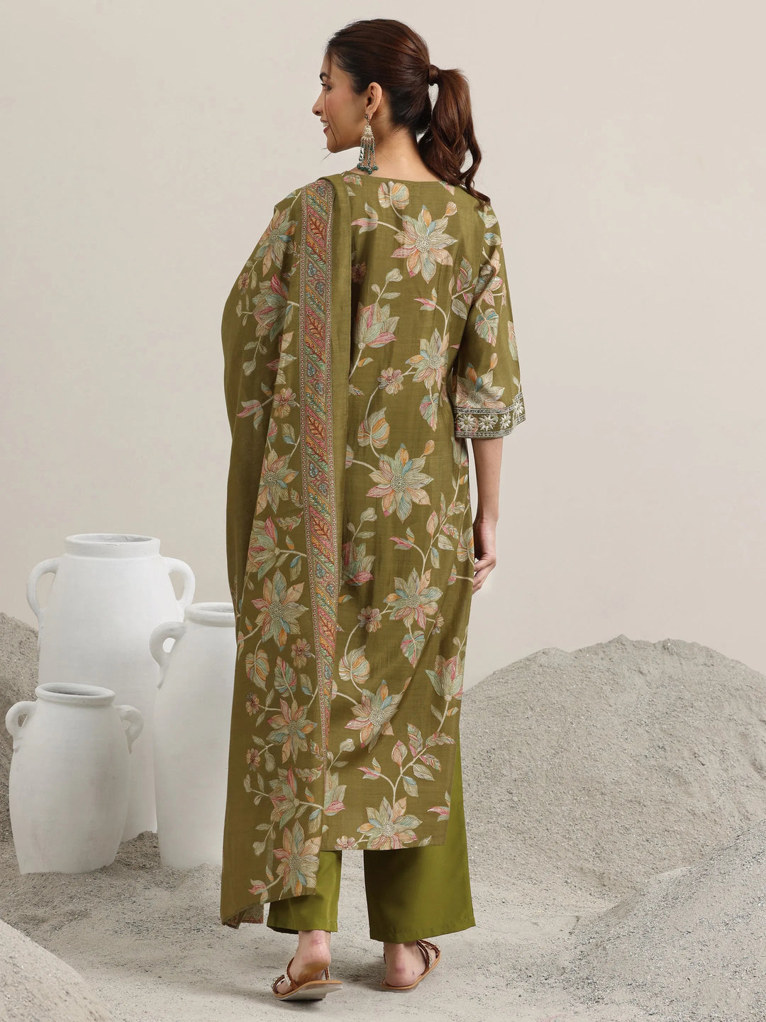  Olive Printed Silk Blend Straight Suit With Dupatta 