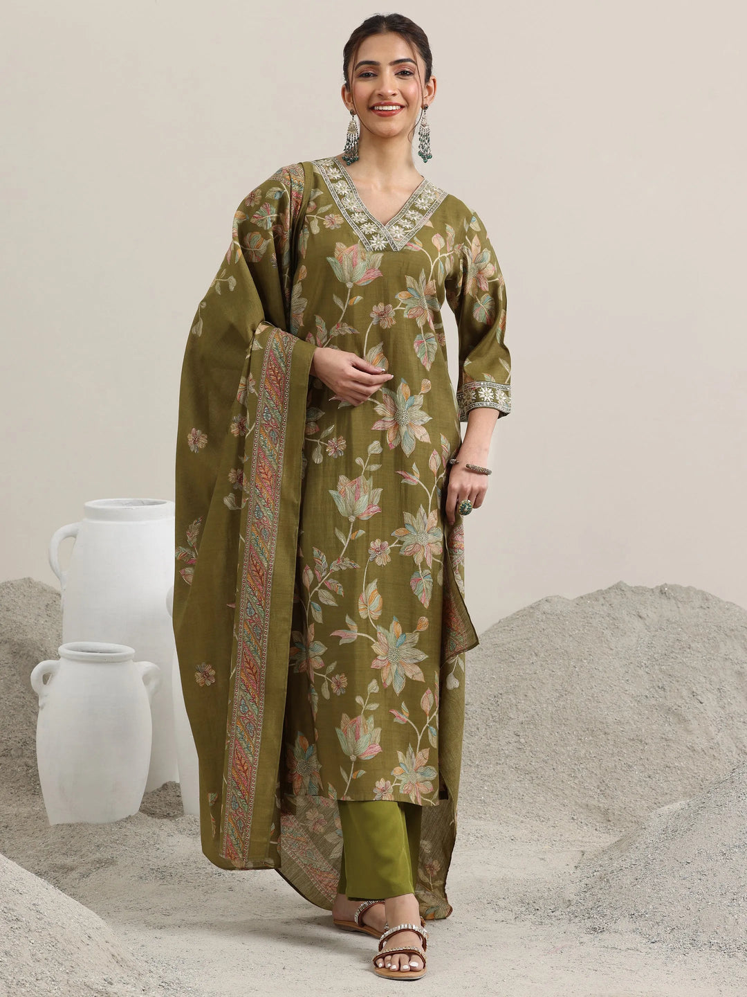  Olive Printed Silk Blend Straight Suit With Dupatta 