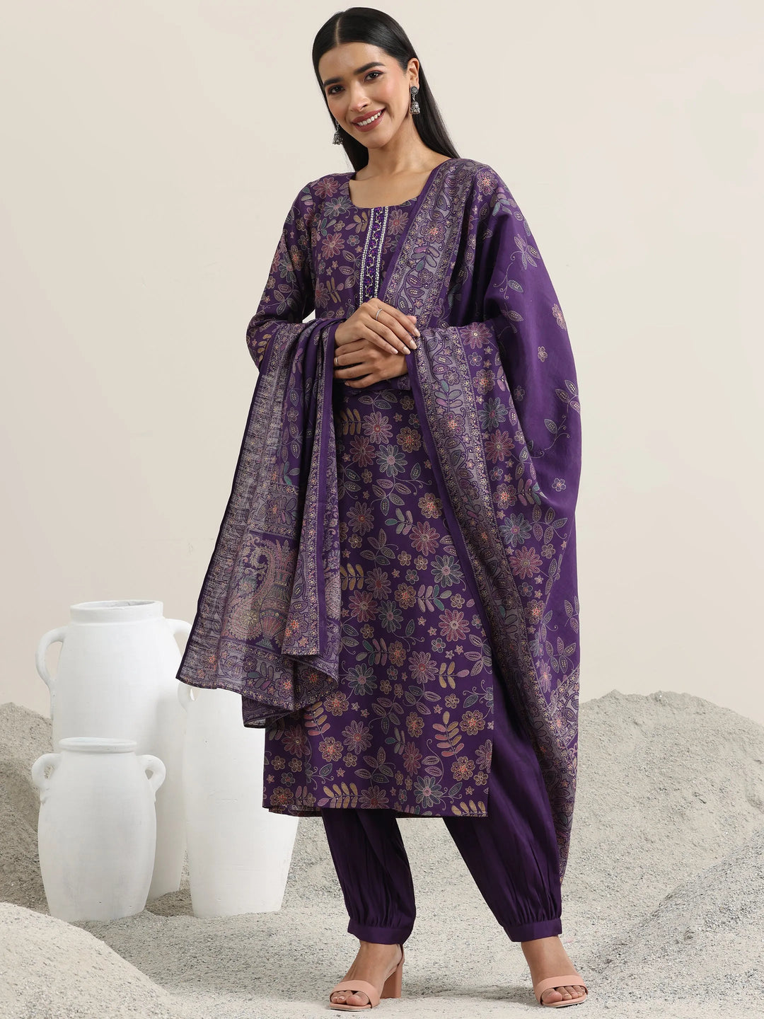  Purple Printed Silk Blend Straight Suit With Dupatta 