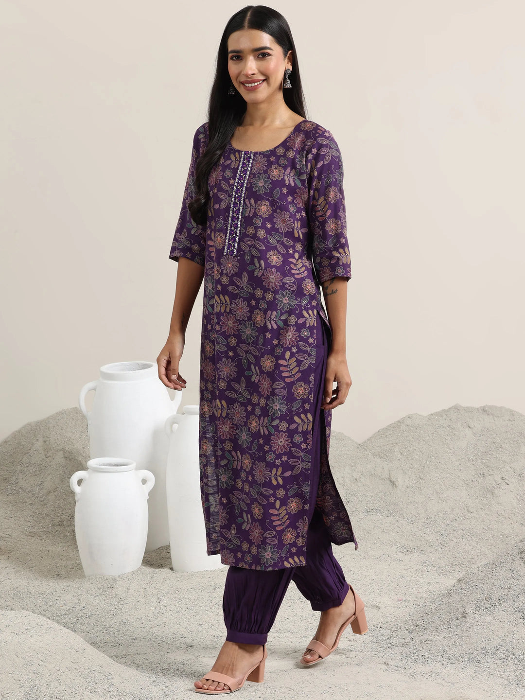  Purple Printed Silk Blend Straight Suit With Dupatta 