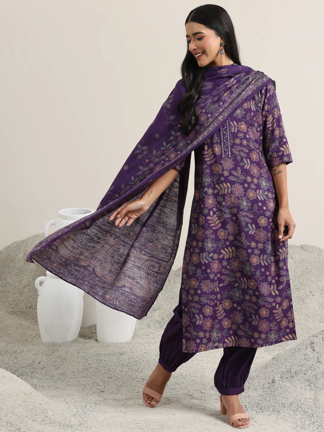  Purple Printed Silk Blend Straight Suit With Dupatta 