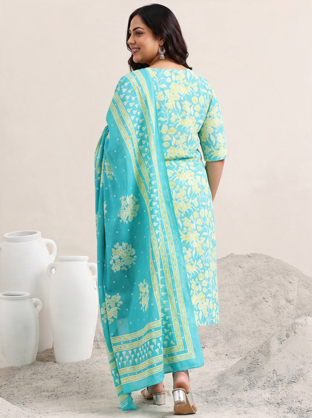  Plus Size Blue Floral Printed Cotton Straight Suit Set 
