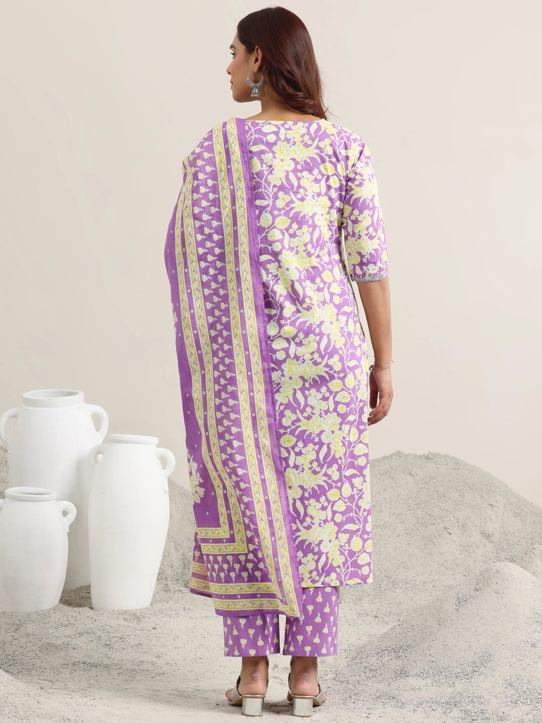  Lavender Printed Cotton Straight Suit With Dupatta 