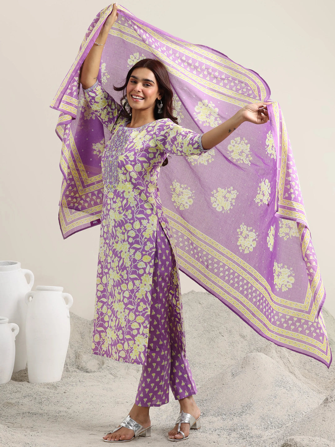 Lavender Printed Cotton Straight Suit With Dupatta