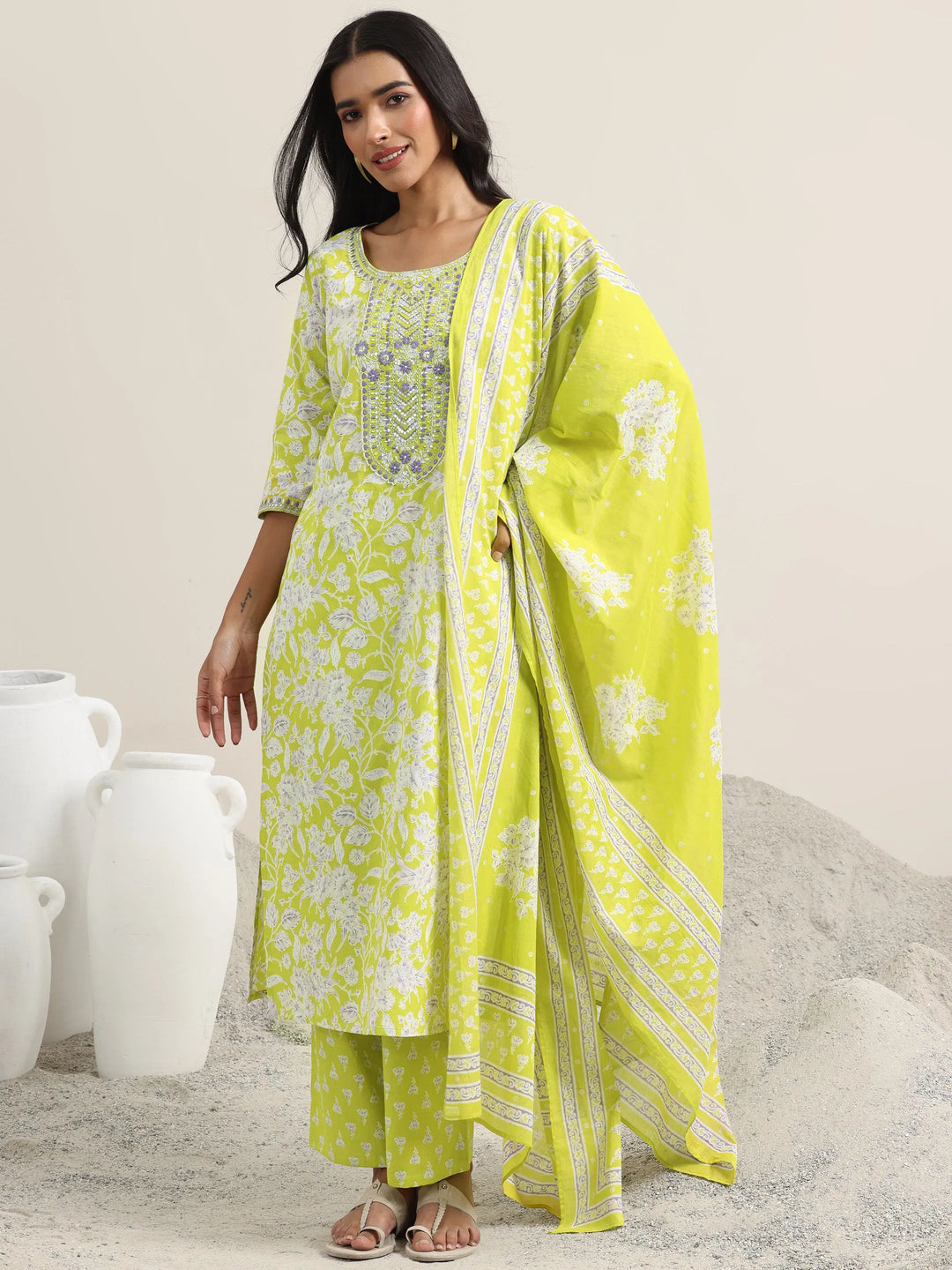  Green Printed Cotton Straight Suit With Dupatta 