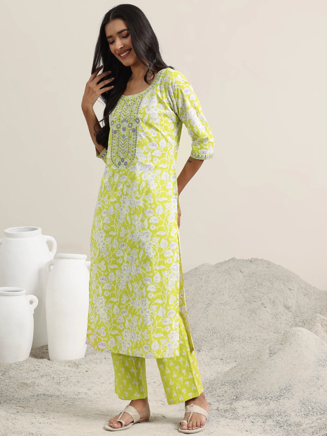  Green Printed Cotton Straight Suit With Dupatta 